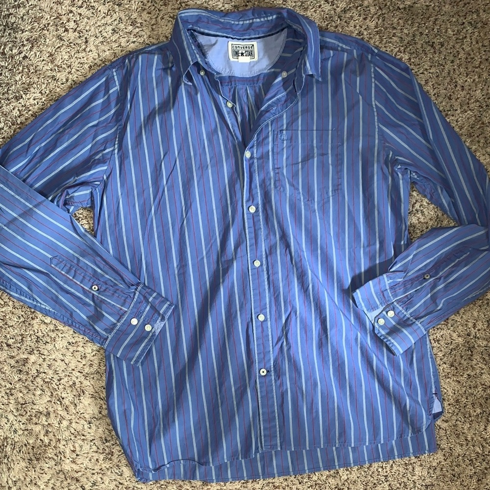 Converse One‎ Star Men’s Sz XL Blue Striped Button Down Long Sleeve Shirt